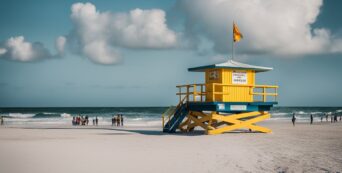 A crowded Florida beach with warning signs, rough waves, and a lifeguard tower