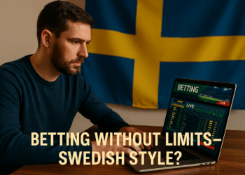 European man using a laptop to bet online, looking at Swedish betting sites